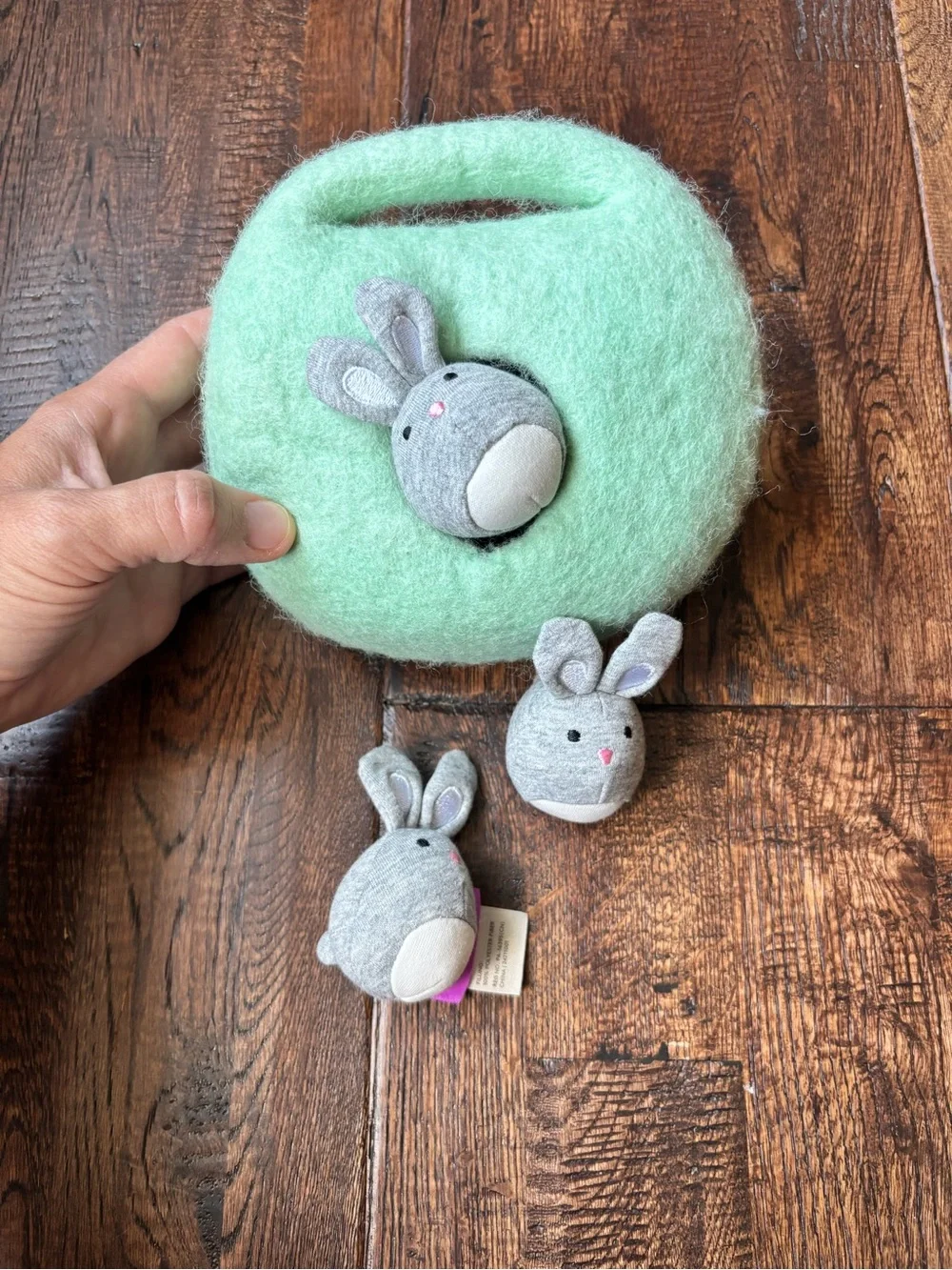Lovevery bunnies in a felt burrow babbler play kit